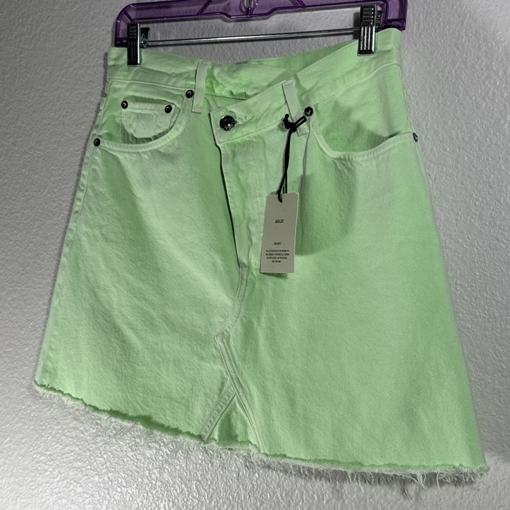 AGOLDE Criss Cross High Rise Denim Mini skirt 27 Lime Green $265 Made in USA - Picture 7 of 16